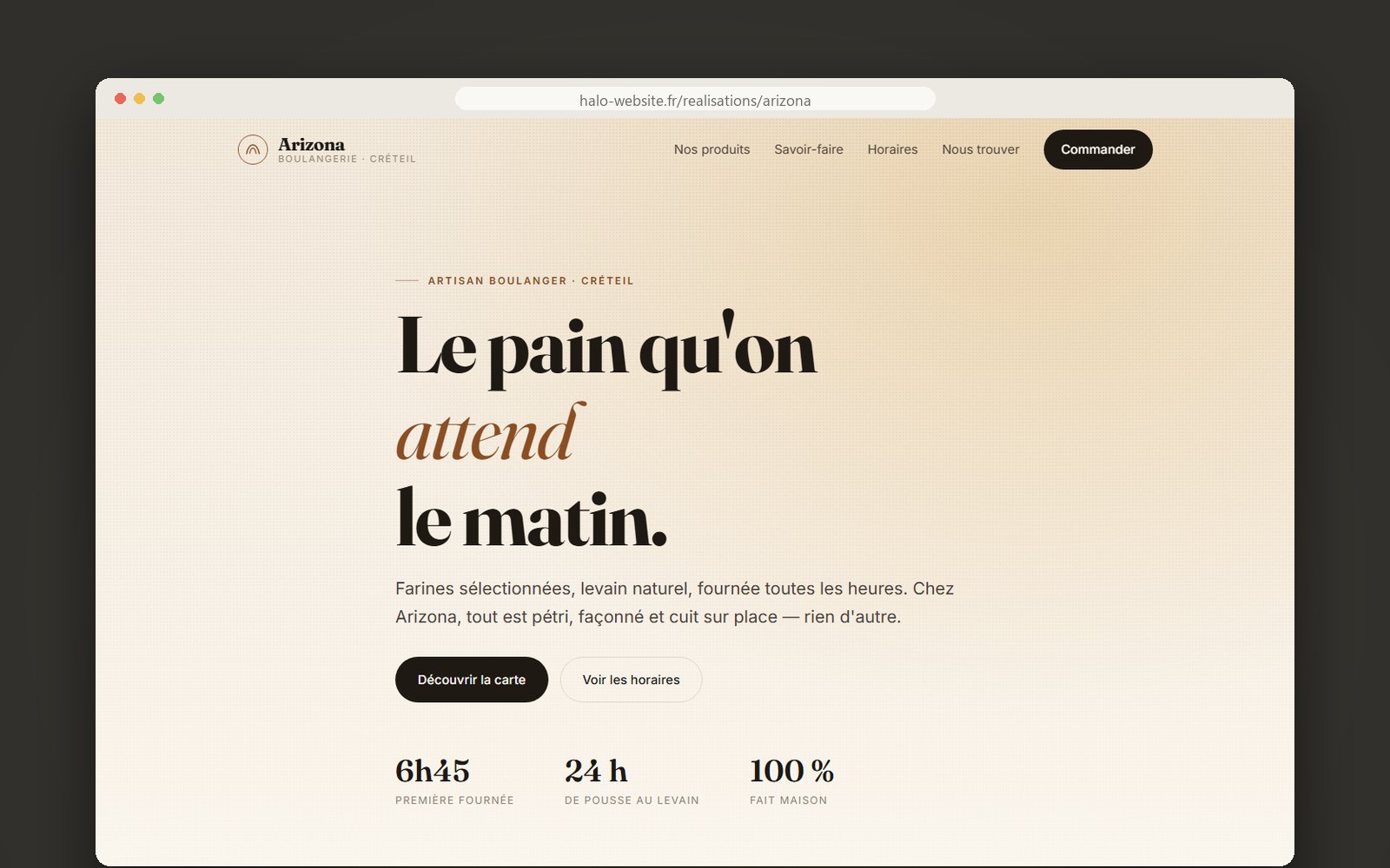 Aperçu du site de la Boulangerie Arizona affiché dans un navigateur